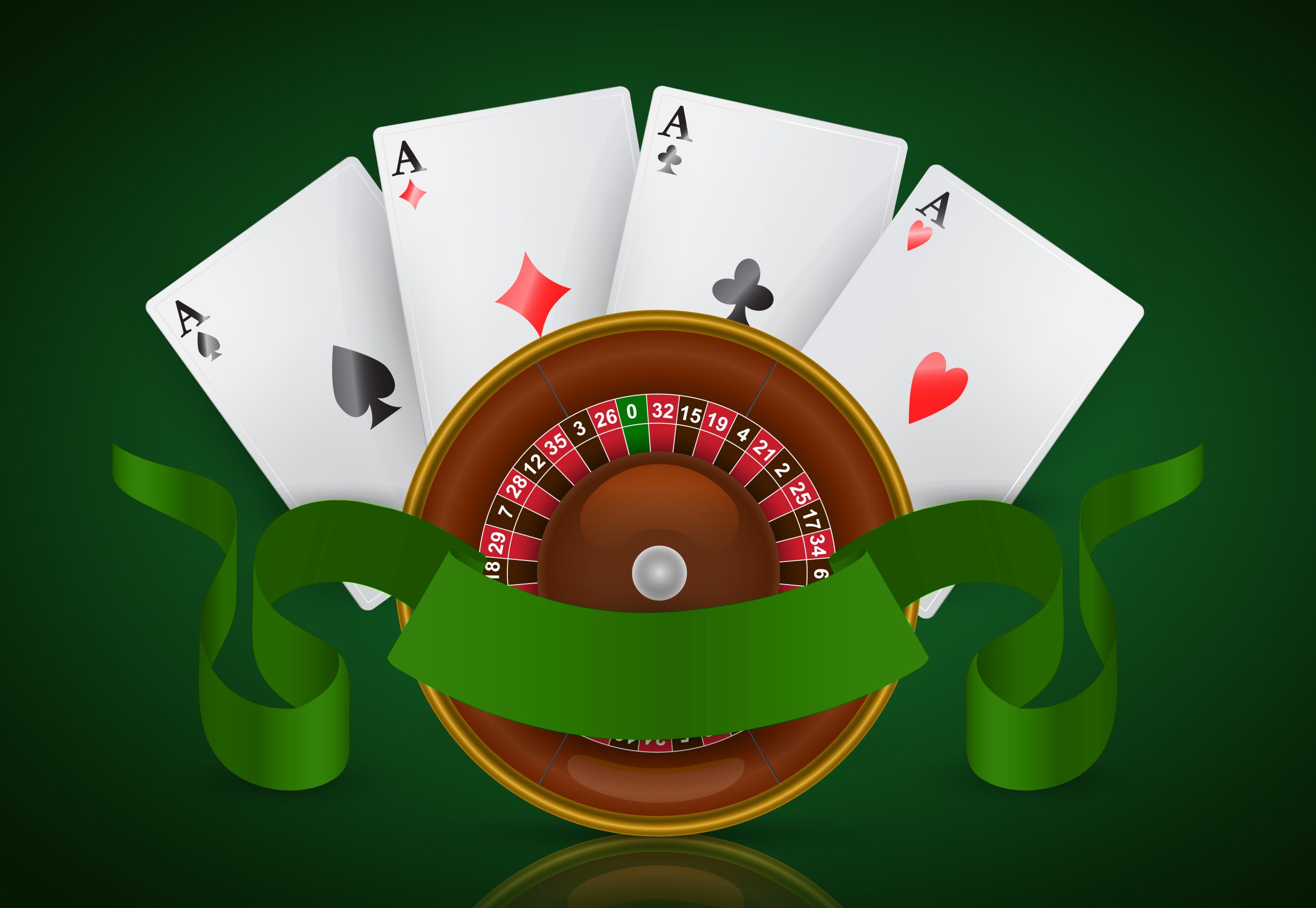 Casino roulette, four aces and green ribbon